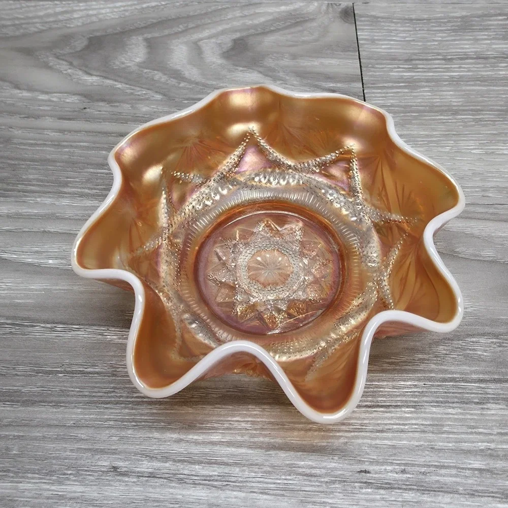 Dugan Ski Star Style Ruffled Bowl - Peach Opal Carnival Glass 6